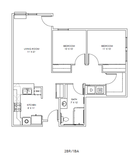 Floor plan for 2 beds, 1 bath, 750 sqft
